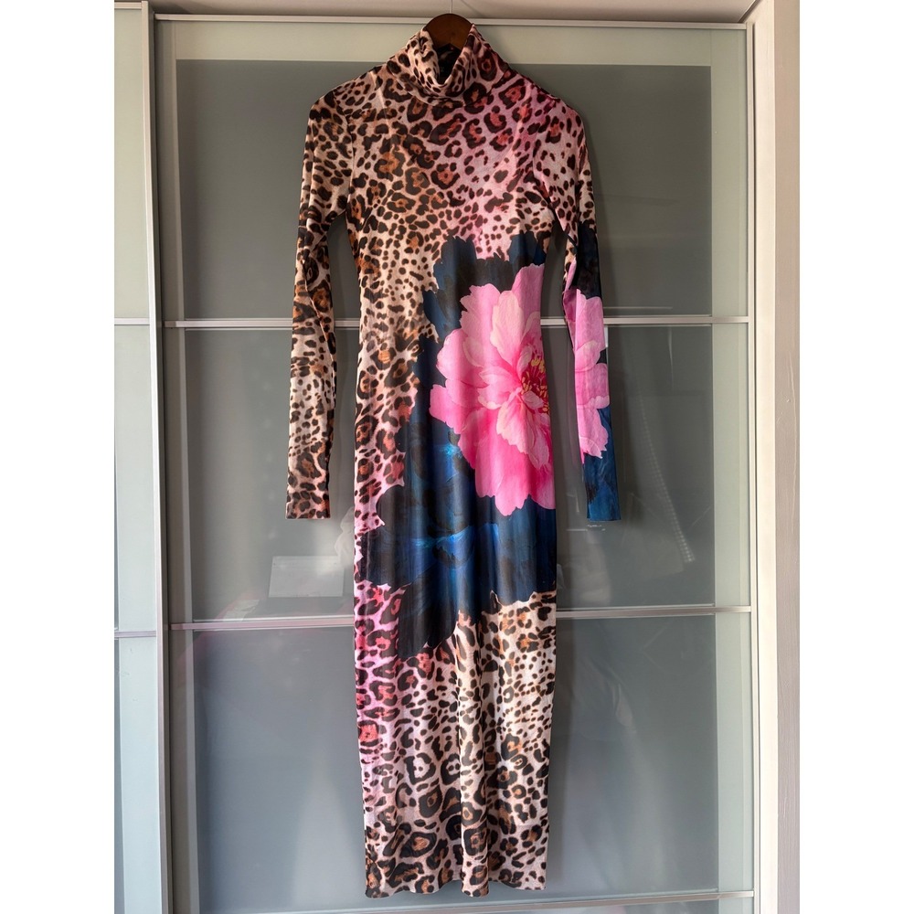 AFRM Shailene Mesh Dress Leopard Floral Print Long Sleeve Small Edgy Sheer Body - Picture 2 of 16